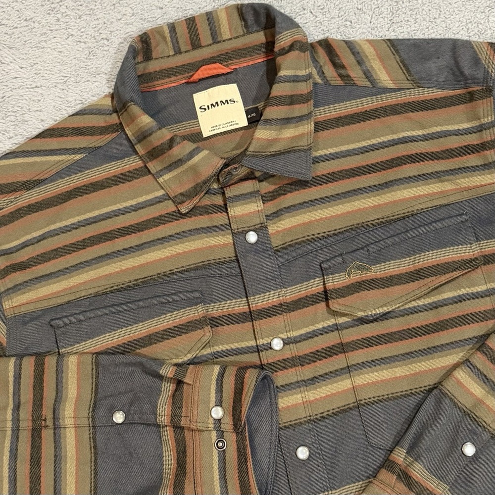 Simms Men's XL Striped Flannel Fishing Pearl Snap Western Long Sleeve Shirt